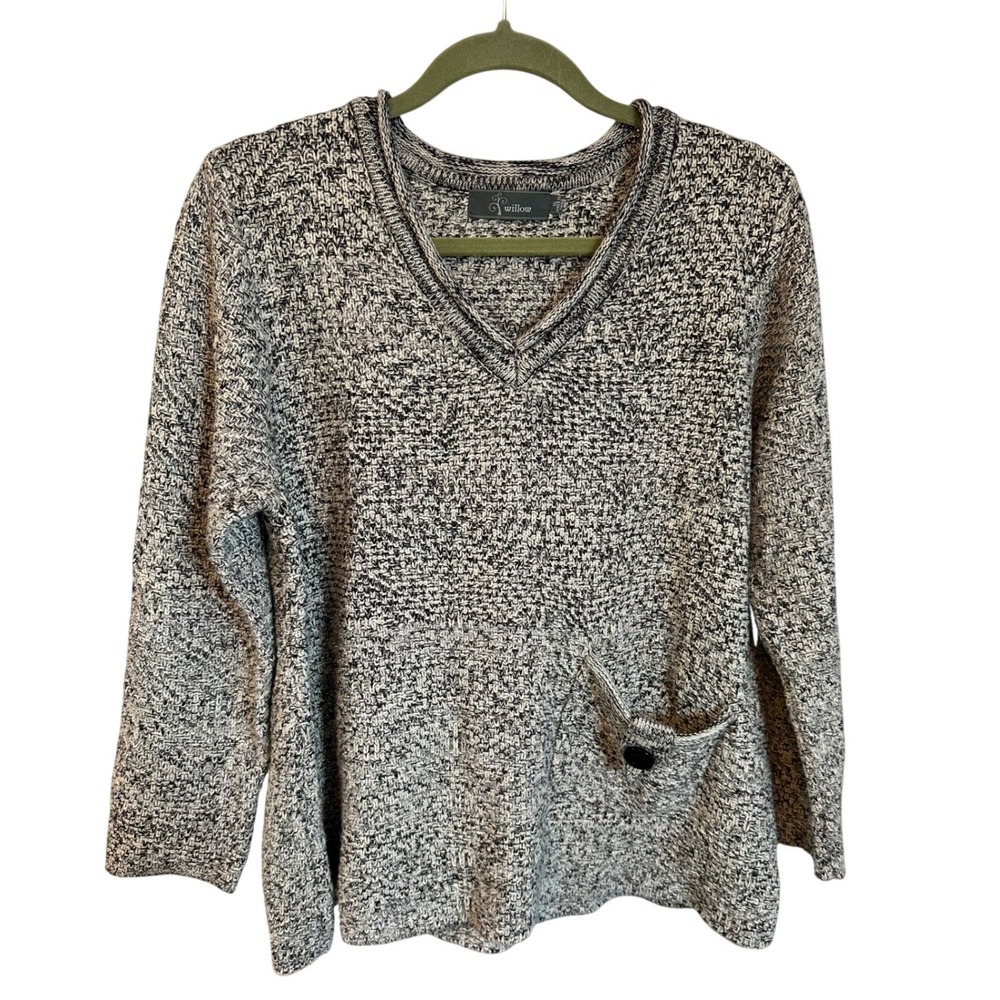Willow Womens XL Black White Marled Wool Blend V-Neck Sweater Front Pocket 0480